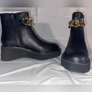 Women's Black Platform Ankle Boots Gold Chain